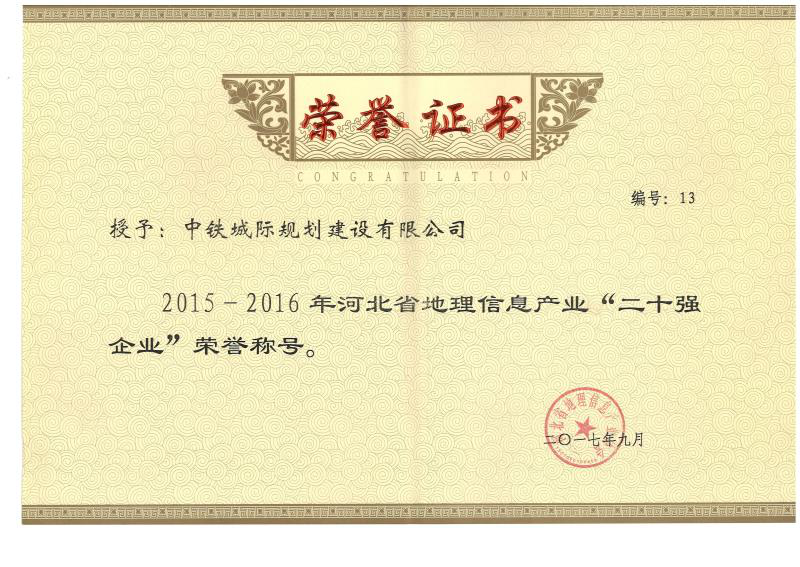 2015-2016年河北省地理信息产业"二十强企业"荣誉证书
